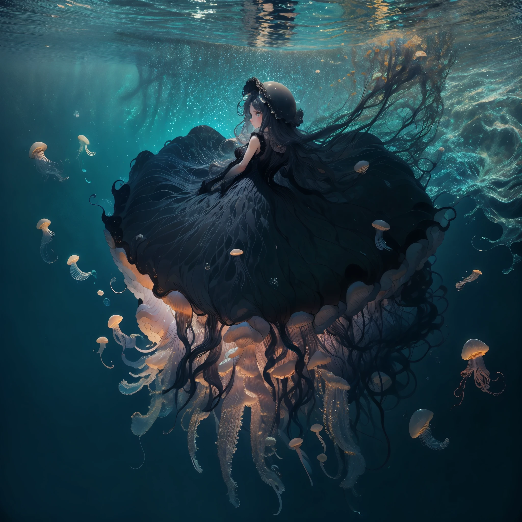 giant jellyfish girl. like her black dress. the other side of the water. Beckoning. Composition looking down