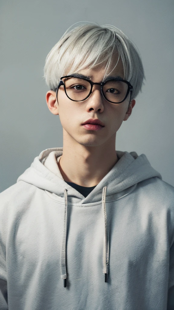 (8K, 16K, masutepiece, Raw photo, Highest Quality, Top resolution, Works of famous artists, ultra detailed photographic), (Front view, view straight on, Upper body photo, looking at the camera, All of the upper body is visible, wide shot, half body photo, from front), (gray background, Gray close to white), (Caucasian skin, Asian man with narrow eyes, Men with white hair, fair-skinned man, Similar to Masaki Suda, Similar to Big Bang g-dragon), (expressionless, neutral), (have a smart phone, Smartphone in right hand), (white Hoodie, Wear white clothing), (heavy bangs, mash hair, mushroom hair),(Smaller lenses, smaller spectacles, round spectacle lenses, Stainless steel glasses)