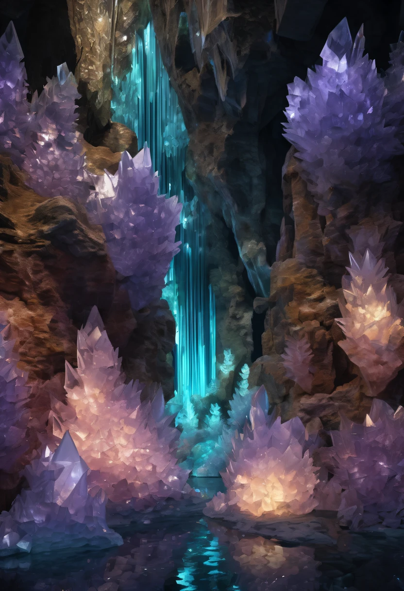 Fantasy cave walls made of mineral crystals，covered with precious crystals, crystal cluster， s fractal art，subsurface, exploration, Glowing crystal, fluorite crystal,associated mineral crystals , Enigmatic Atmosphere, Sparkling crystals, Natural Crystal, sparkling reflections, underground lake, Hidden treasure, mineral structure