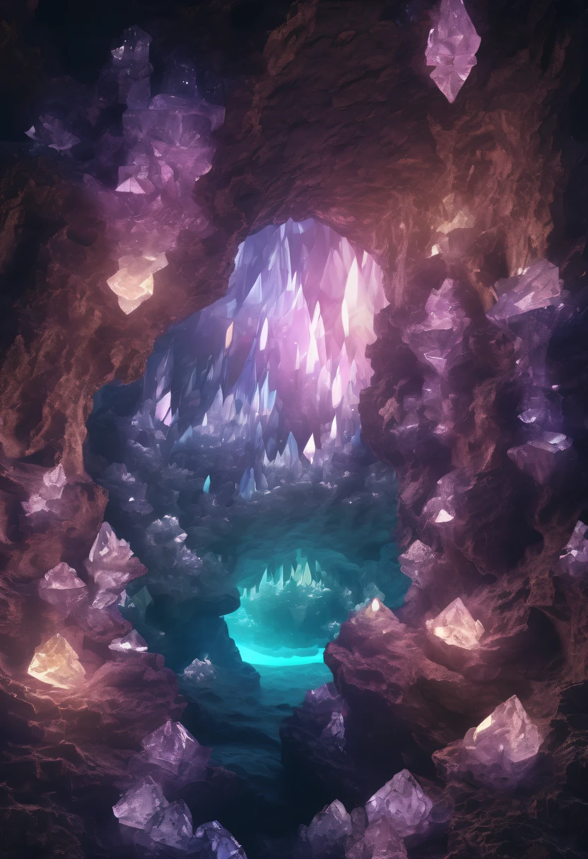 Fantasy cave walls made of mineral crystals,covered with precious crystals, crystal cluster, s fractal art,subsurface, exploration, Glowing crystal, fluorite crystal,associated mineral crystals , Enigmatic Atmosphere, Sparkling crystals, Natural Crystal, sparkling reflections, underground lake, Hidden treasure, mineral structure