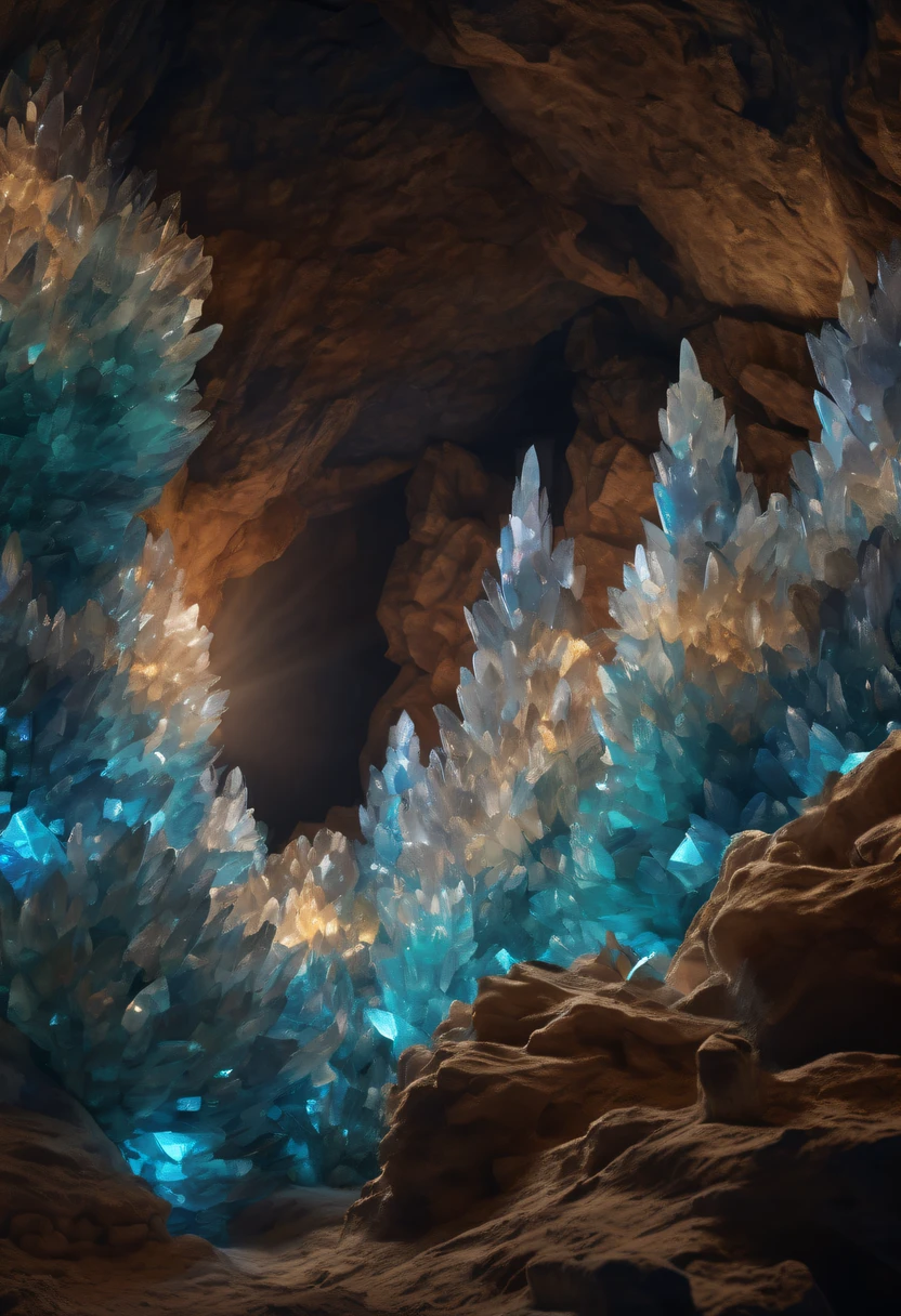 Fantasy cave walls made of mineral crystals，covered with precious crystals, crystal cluster， s fractal art，subsurface, exploration, Glowing crystal, fluorite crystal,associated mineral crystals , Enigmatic Atmosphere, Sparkling crystals, Natural Crystal, sparkling reflections, underground lake, Hidden treasure, mineral structure