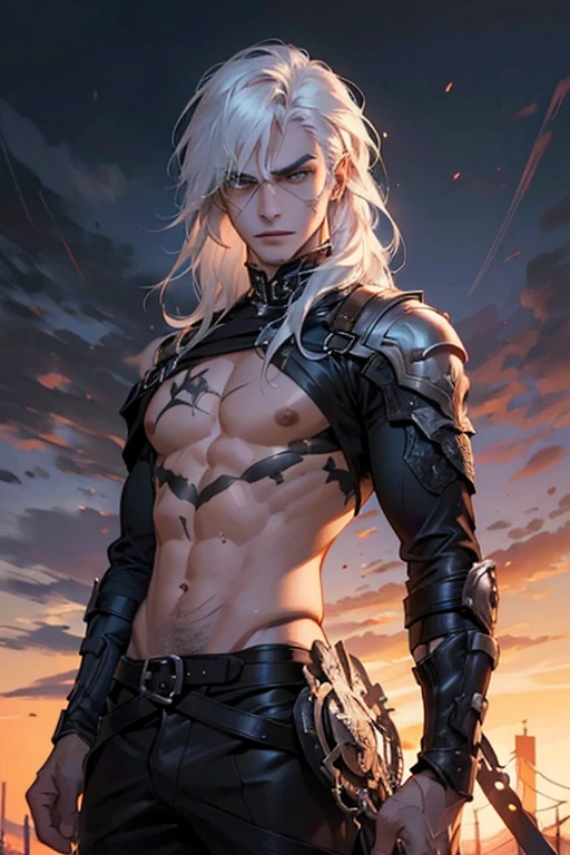 (best quality, Super detailed, photorealistic: 1.37), male, (stern face with a scar near the eye), (long white hair, smooth, straight), (White eyes with a scar, Piercing gaze), muscular body, naked and clean torso , Dramatic lighting, oil painting, heroic, Strong jawline, well-defined cheekbones, Stoic facial expression, Chiseled features, rugged yet sophisticated, (Confident pose with hands on chest.), Sunset color palette, Intense shadows, Dynamic brush strokes , Details of the complex, Powerful presence, dark background, hair on the back of the head