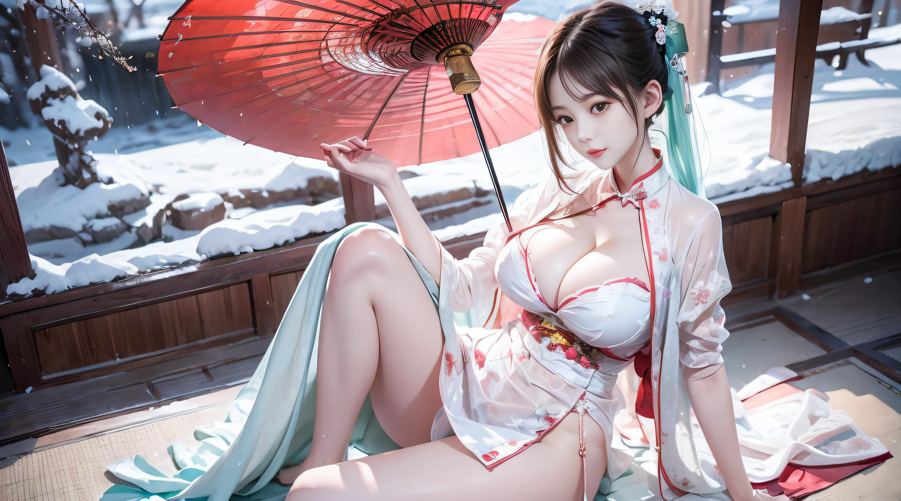 (quality、tmasterpiece:1.2)， sweet girl，pigtails，silvery white hair、Smooth skin、Beautiful mouth、(beautiful postures)，(Chinese style translucent pocket fabric)，Translucent blue-green gorgeous Chinese cheongsam，themoon，Lying in the snow，hot springs，Sit Pose，Visible on the back，Visible，((Super big and soft breasts:1.5)),Accent strapless,Clear silk scarf，Translucent white plush shawl，red and white， umbrella，folding fan，petals，natta，extreme light，Pink