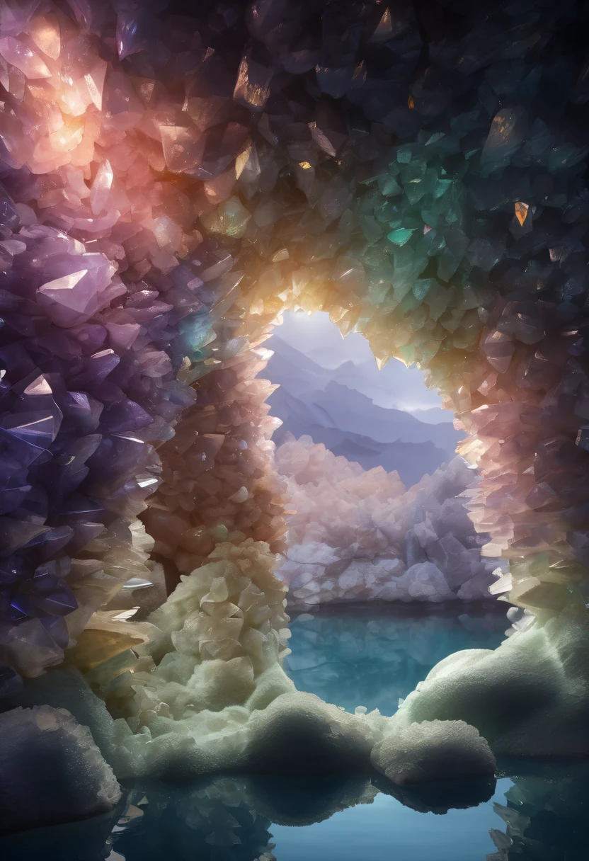 Fantasy cave walls made of mineral crystals,covered with precious crystals, crystal cluster,subsurface, exploration, Glowing crystal, fluorite crystal,associated mineral crystals , Enigmatic Atmosphere, Sparkling crystals, Natural Crystal, sparkling reflections, underground lake, Hidden treasure, mineral structure