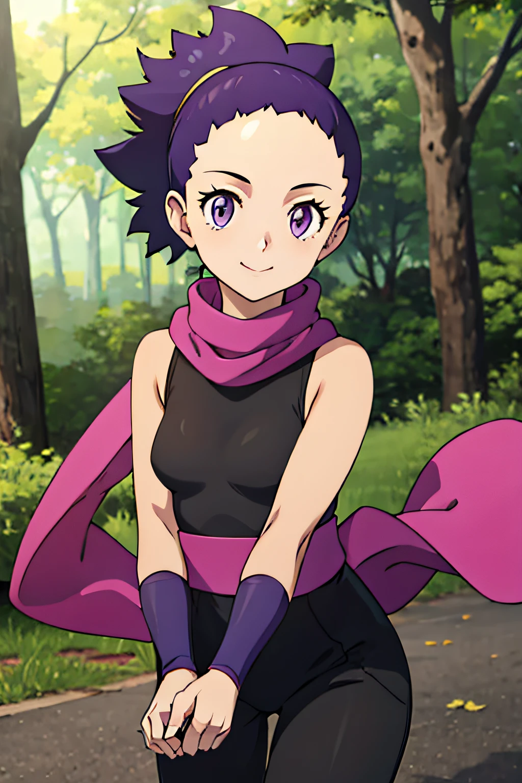 JANINE, japanese clothes, bodysuit under clothes, black shirt, black pantss, purple scarf, sash, forest, bracers, 1girl, solo, facing viewer, looking at viewer, upper body, smile