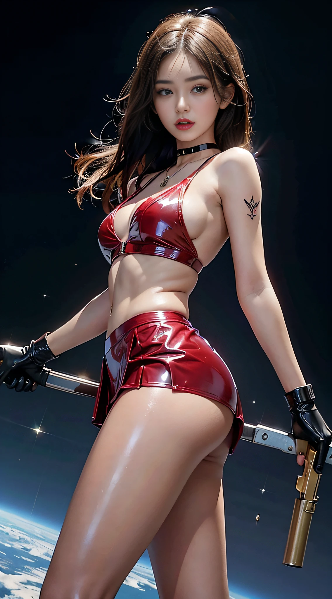 ((masterpiece:1.4)、(top-quality:1.4)、(reallistic:1.7))、masuter piece:1.4、(Top-of-the-line rendering:1.4)、(Female SWAT member of the 73rd Division of the Space Federation:1.4)、Super Beautiful Investigator、(By Luis Royo:1.4)、(hold a gun:1.2)、Body Fit Sexy Uniform、(Glossy luxury latex:1.4)、(Navy blue sleeveless uniform jacket)、(Underwear White Sexy Super Ultra Bikini)、(Luxury Red Latex:1.4)、(Red pleated mini skirt:1.4)、22year old、(Cute tattoos:1.4)、(Wearing white gloves)、Kawaii Girl、Super beauty、foco nítido、Portrait photos、(Perfect female body:1.4)、perfectly proportions、Upper body photography:1.4、美丽的面容、Fearless look、beautidful eyes、Narrow waist、beauty legs、(length hair:1.2)、Beautiful udder、large full breasts:1.2、Sexy ass、(Standing facing the front:1.4)、Raw photo、red-lips、Red high heels:1.4、a choker:1.4、a necklace:1.4、耳环:1.4、1 screen display、Beautiful night view of Cyberpunk City:1.2