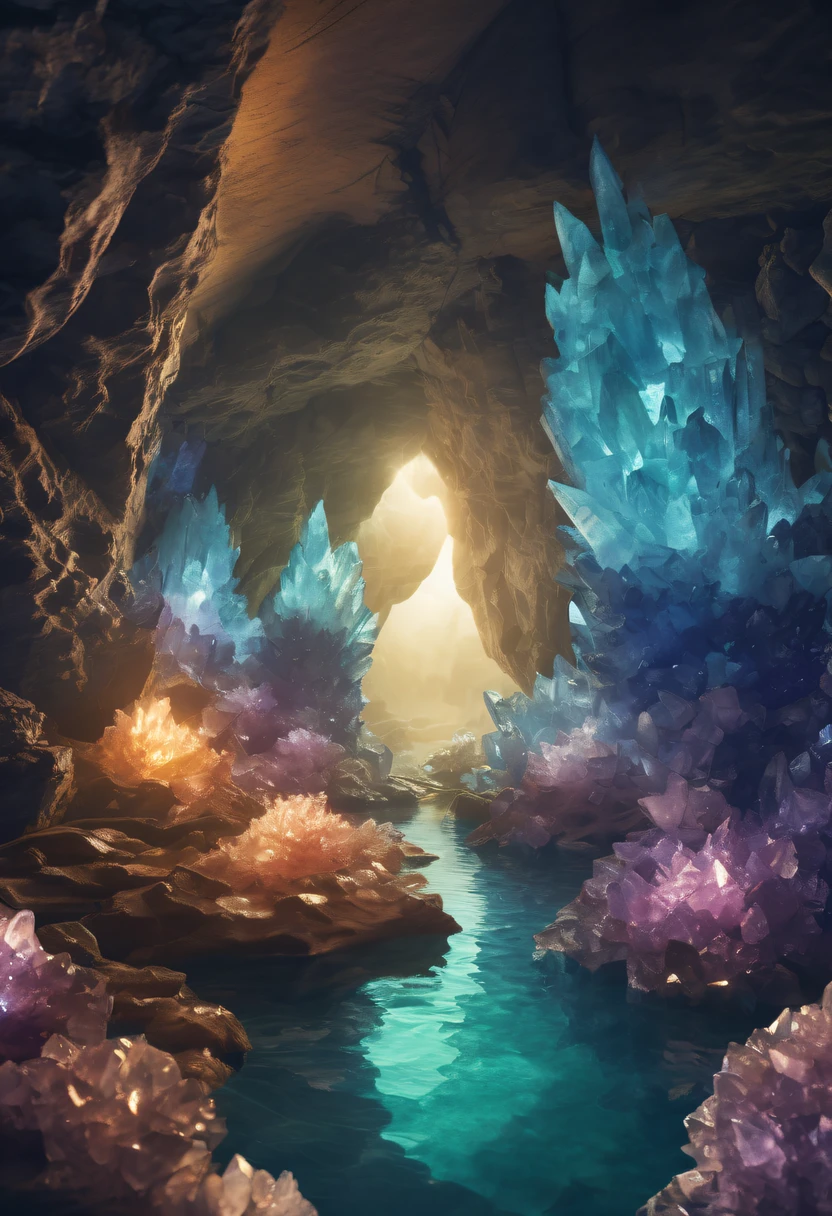 Fantasy cave walls made of mineral crystals,covered with precious crystals, crystal cluster,subsurface, exploration, Glowing crystal, fluorite crystal,associated mineral crystals , Enigmatic Atmosphere, Sparkling crystals, Natural Crystal, sparkling reflections, underground lake, Hidden treasure, mineral structure