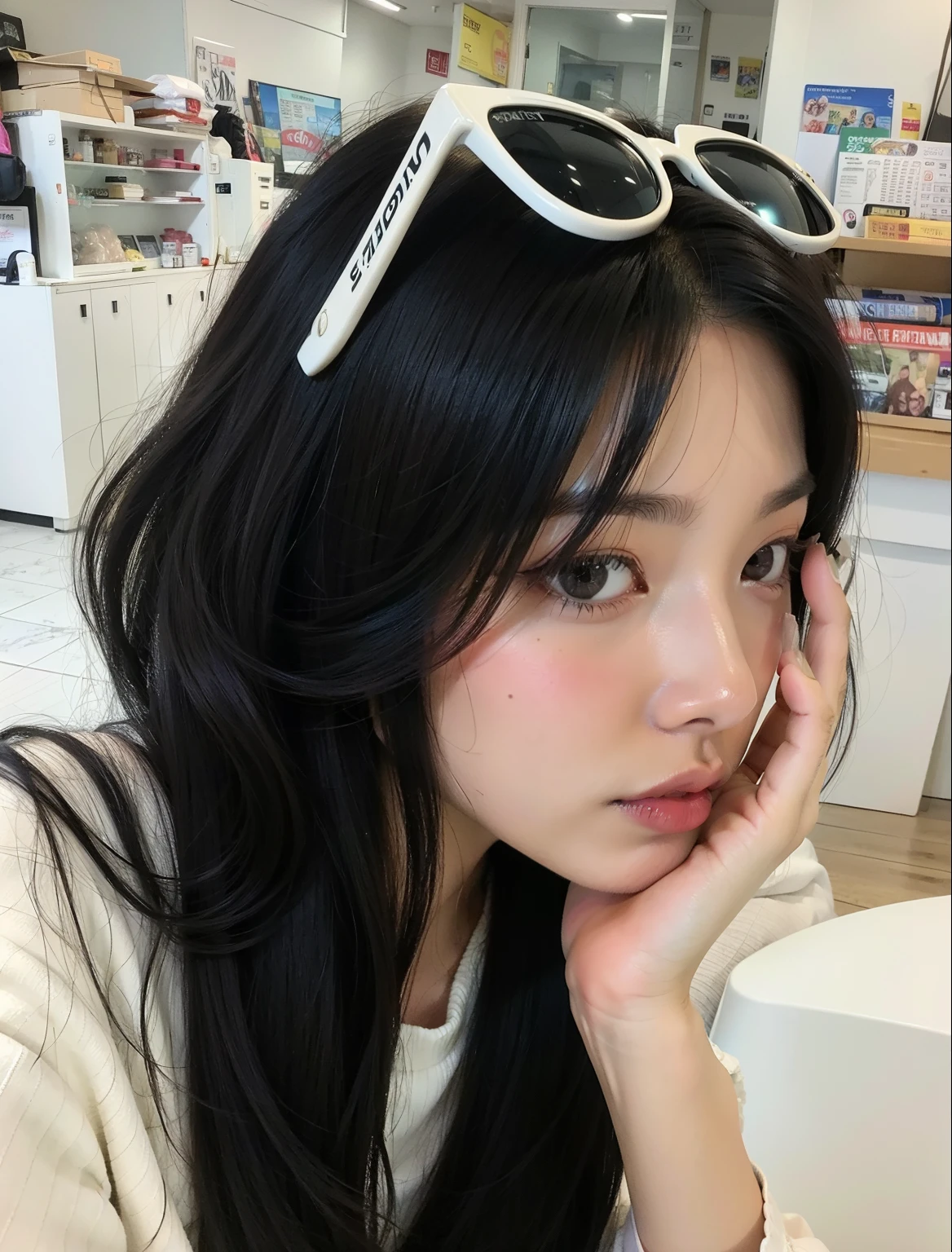 there is a woman with long black hair and sunglasses, Ulzzang, Ela tem cabelo preto com franja, branco hime corte penteado, preto hime corte cabelo, cabelo preto longo com franja, cabelo whitebangs cabelo, whitebangscabelo negro, Sakimichan, Jinyoung Canela, cabelos longos com franja, Sui Ishida com cabelo preto, longos cabelos brancos e franja
