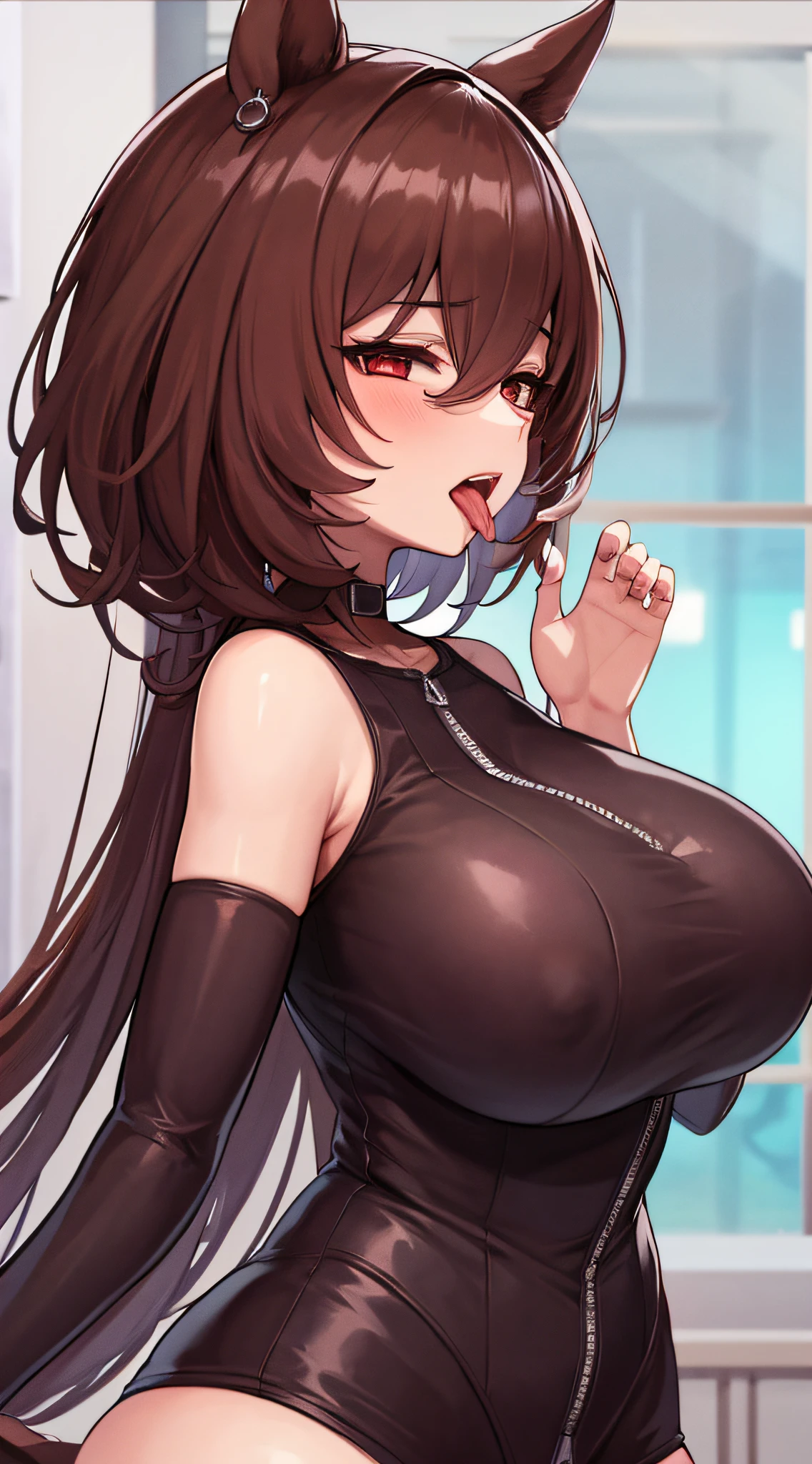 profile, Perfect hands, (Huge breasts:1.5), (From above:0.5), Inner Flesh, Cowboy Shot, Night Street, ((temptation by hand)), (1 hand in front of your mouth), (Detailed red eyes), Closed eyes, Lightly open your hands, , fingers with shading, 5FINGERS, (coconut palms:0.5), a choker, (black bodysuit with full tight zipper:1.1), Agnes Tachyon \(Umamusume\), Deep short brown hair, (blush:1.0), Seductive smile, ((Stick out the tongue:1.3)), (very very very long tongue), ((Open your mouth wide to the maximum)), (spoken hearts), (Looking at Viewer:1.4), fellatio gesture, tongue_out, fellatio gesture, Open_Mouth
