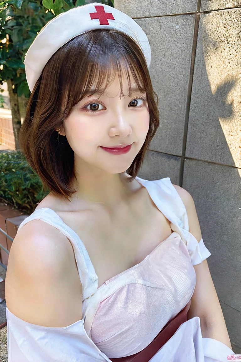 masutepiece, Best Quality, Illustration, Ultra-detailed, finely detail, hight resolution, 8K Wallpaper, Perfect dynamic composition, Beautiful detailed eyes, Top and bottom pink underwear,Bob Hair, mid-chest, Natural Color Lip, Random and sexy poses,Smile,20 years girl、Colossal tits、Hospital Rooms、White nurse cap、White tights、White nurse uniform、Panchira、Pinching a syringe in the chest