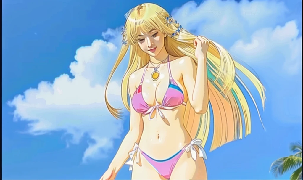 adult blonde female with blue eyes and pink bikini and red necklace with sky in the background and small tree