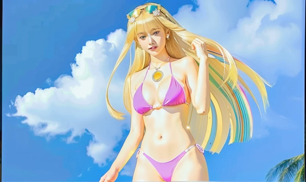 adult blonde female with blue eyes and pink bikini and red necklace with sky in the background and small tree