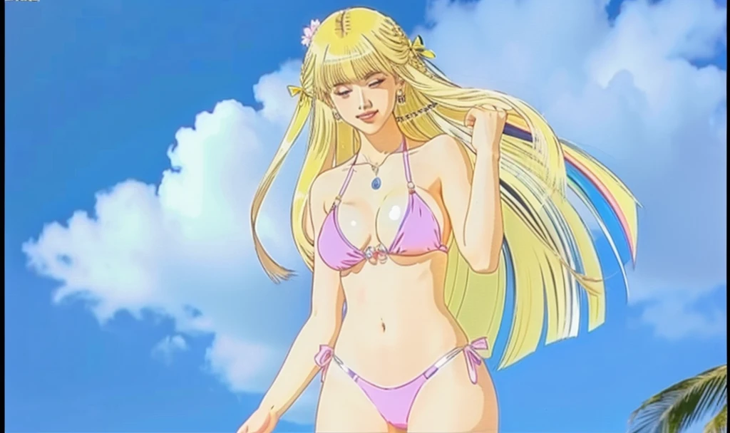 adult blonde female with blue eyes and pink bikini and red necklace with sky in the background and small tree