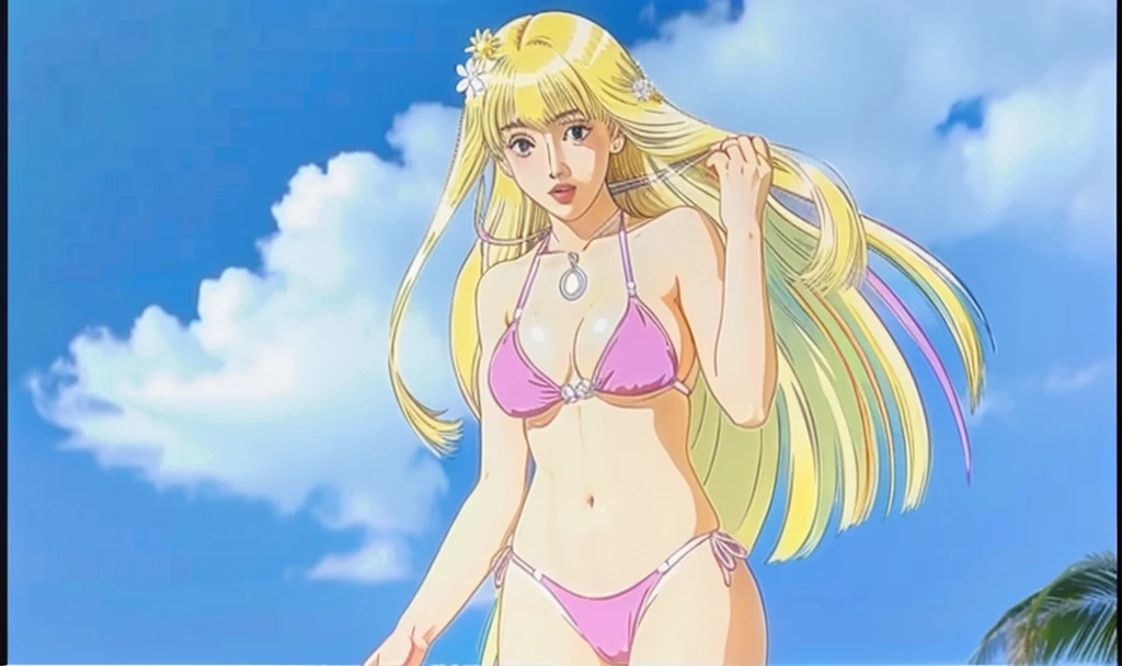 adult blonde female with blue eyes and pink bikini and red necklace with sky in the background and small tree