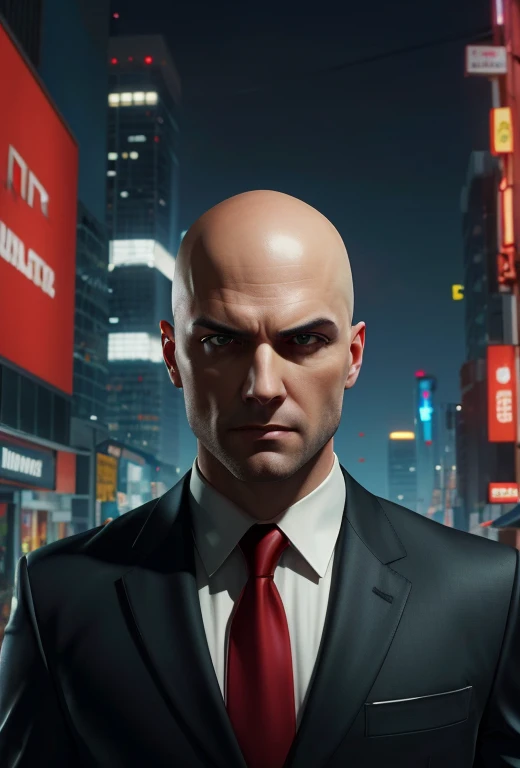 realistic image of a bald man in a suit and tie, hitman, bald head and menacing look, agent 47 in a scene from naruto, bald man, bald head, sharp high quality artwork,ultrarealistic portrait of bald, 2k