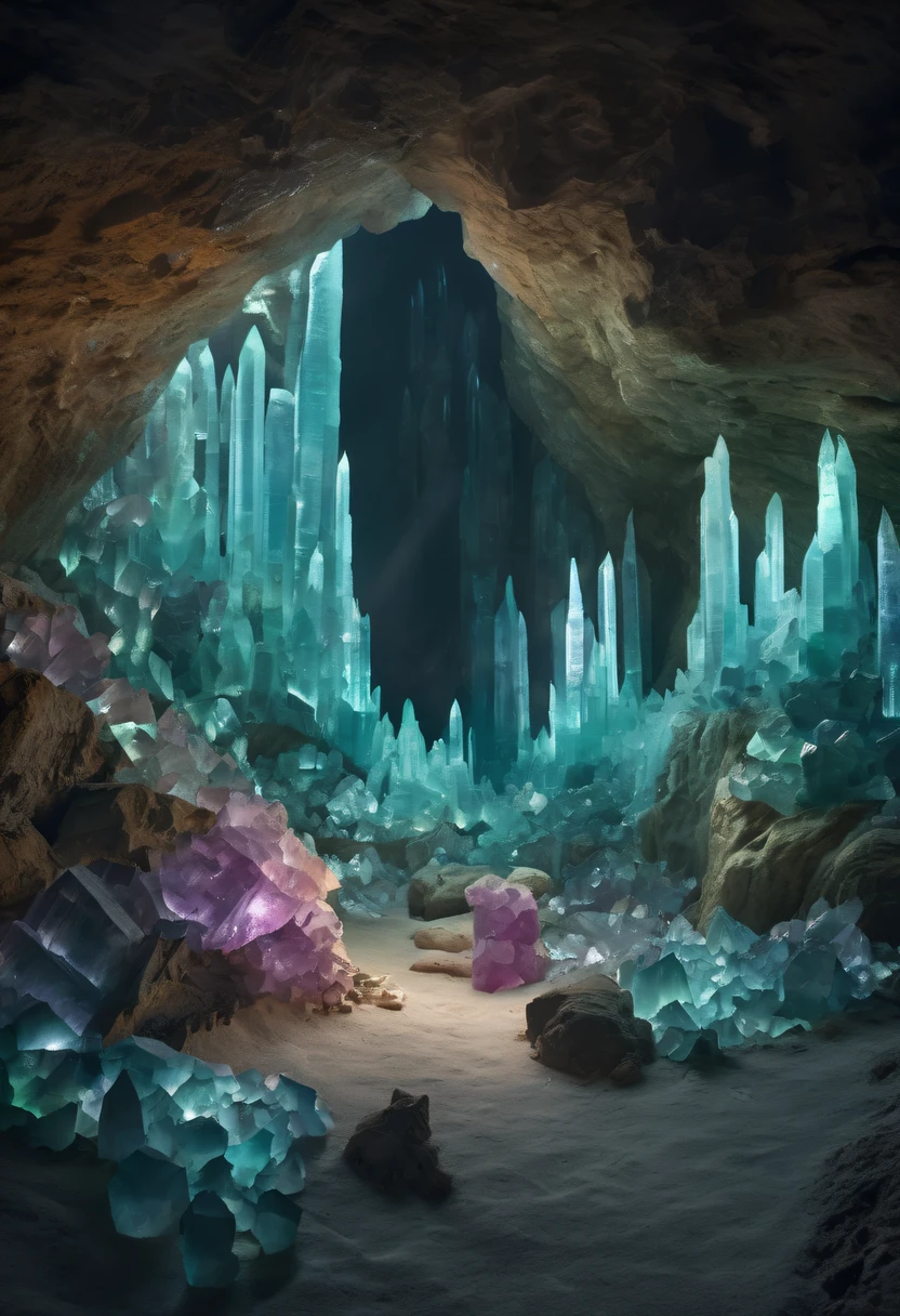 Fantasy cave walls made of mineral crystals,covered with precious crystals, crystal cluster,subsurface, exploration, Glowing crystal, fluorite crystal,associated mineral crystals , Enigmatic Atmosphere, Sparkling crystals, cave cave, sparkling reflections, underground lake, Hidden treasure, mineral structure