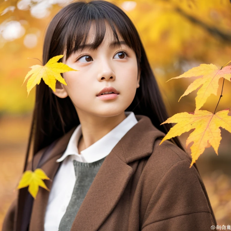 An ultra-high picture quality、Perfect Photo、japanes、Japanese female model、ars、a beauty girl、indoor white background、fullllbody、Narrow-eyed、large mouth、the wind、The upper part of the body、Autumn clothes、