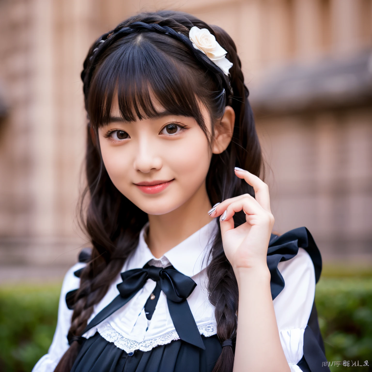 1 Nogizaka Musume, Very cute, a beauty girl, 18year old, Gothic Lolita Fashion, Beautiful face, eyes and skin with exquisite detail, Fine black shiny hair, elegant frills, frilled tie, Ribbon tie, rose hair accessory, Smile at the camera, full bodyesbian, (european castles), profetional lighting, BREAK, (realisitic, Photorealsitic:1.37), 8k, (masterpiece), (top-quality:1.4), (超A high resolution:1.2), (RAW Photography:1.2)、(Delicate lace、soft fabric、Beautiful rose pattern dress)、perfect anatomia、4 fingers and 1 thumb、hyper detailed background、(Unity 8k壁纸)