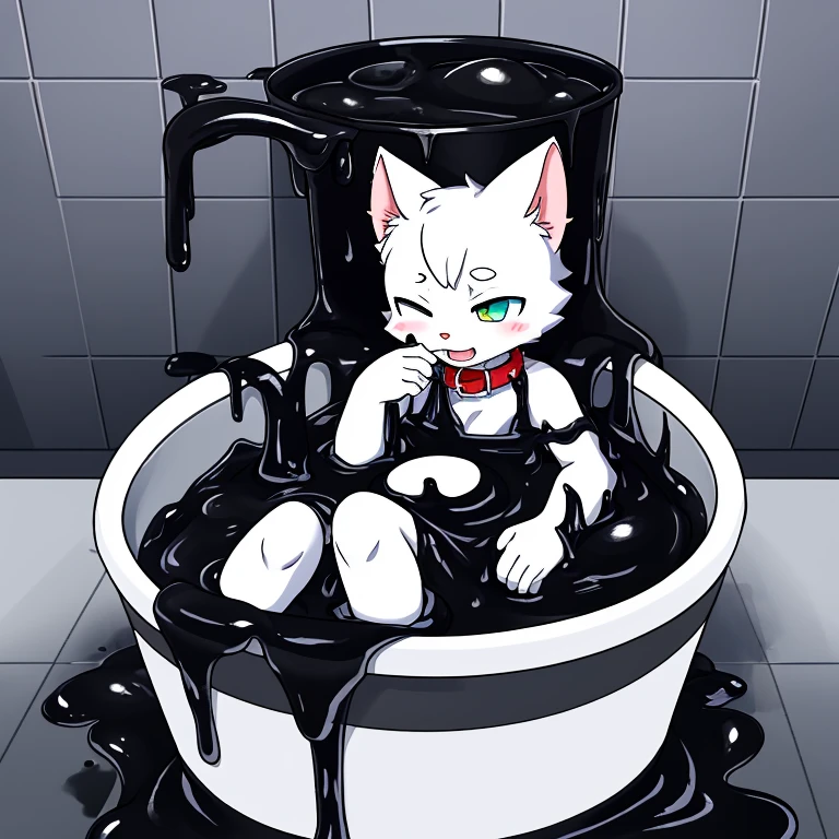 a male white cat，Only the head  exposed in a bucket filled with black slime，Covered with mucus，slimes，white cat，collars，Covered with mucus，sink into（（full of black goo））