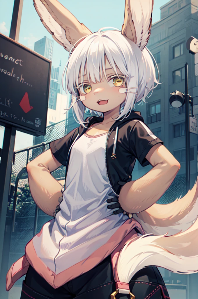 1girl, solo, furry, fluffy, brown fur, short hair, nanachi \(made in abyss\), animal ears, tail, yellow eyes, hoodie, shorts, t-shirt, hand on hip, :3, open mouth, standing, looking at viewer, outdoors, city