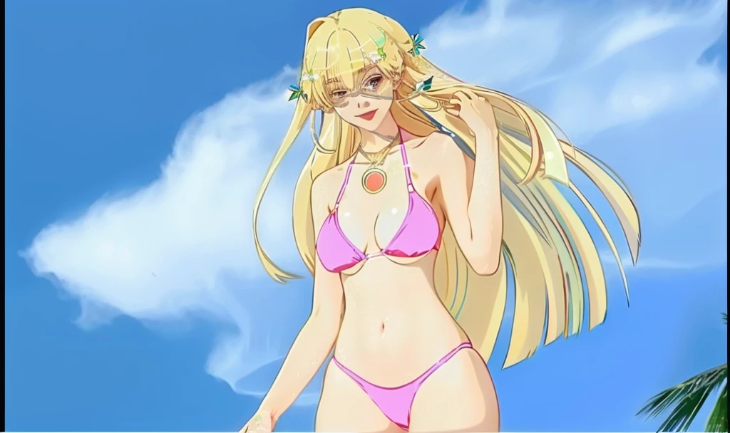 adult blonde female with blue eyes and pink bikini and red necklace with sky in the background and small tree