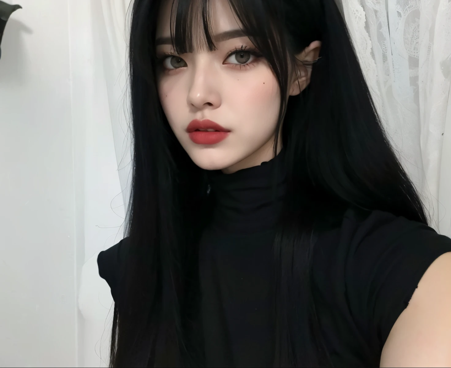um close up de uma mulher com longos cabelos pretos usando um top preto, cruel korean goth girl, Ela tem cabelo preto com franja, Ulzzang, pale goth beauty, cabelos escuros longos com franja, cabelo preto longo com franja, preto hime corte cabelo, 1 7 - year - old goth girl, muito bonito elven top model, orelhas pretas do gato do cabelo preto