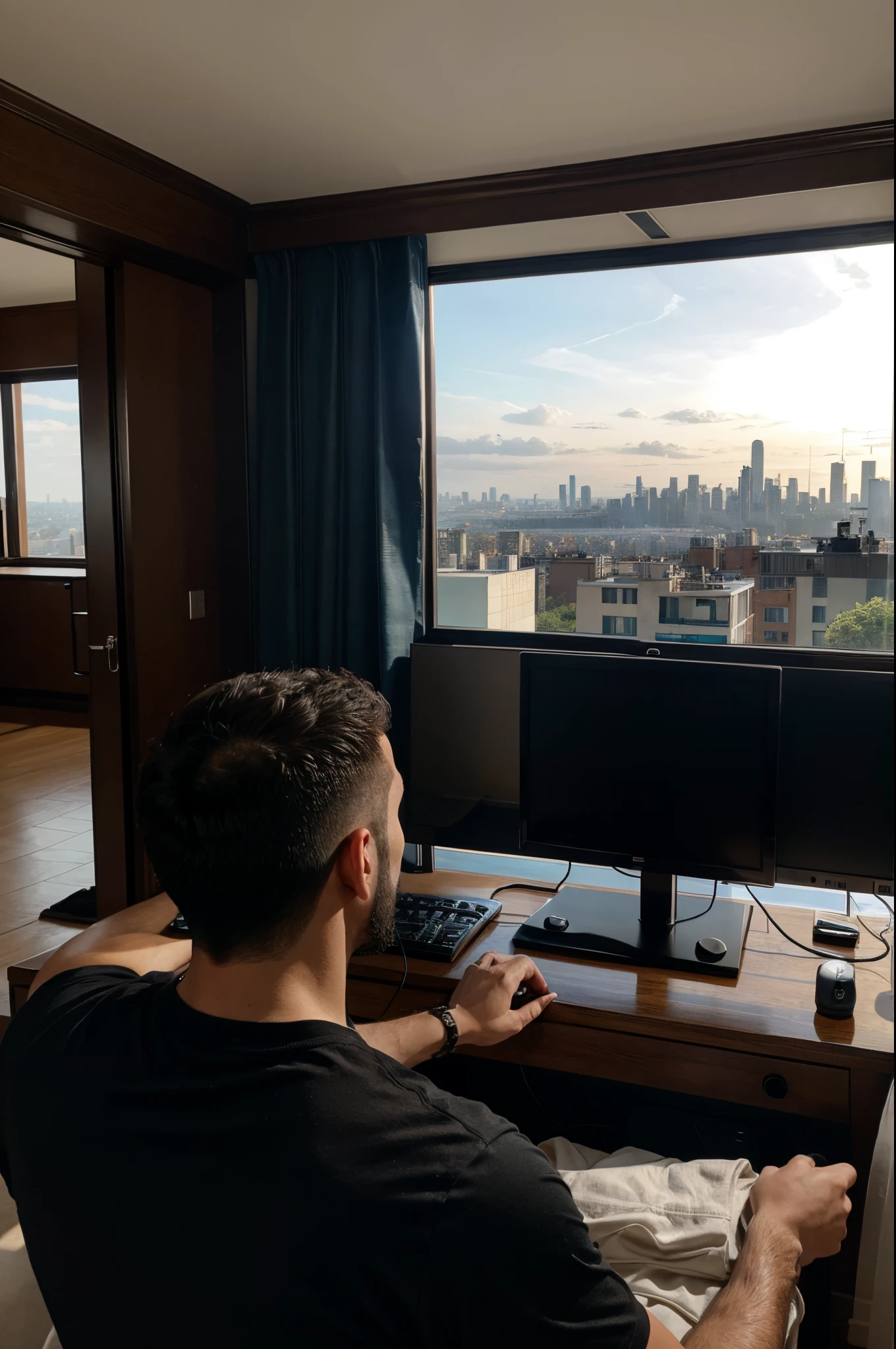 man with a formal t-shirt using the computer in a house with a view of the city