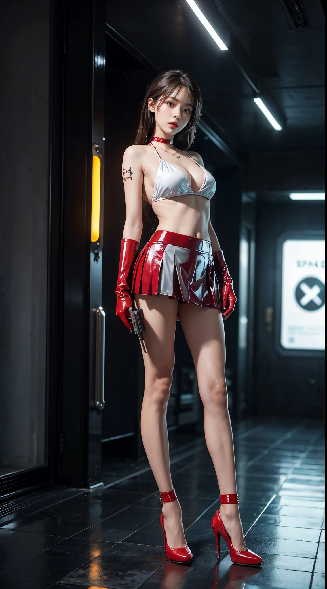 ((masterpiece:1.4)、(top-quality:1.4)、(reallistic:1.7))、masuter piece:1.4、(Top-of-the-line rendering:1.4)、(Female SWAT member of the 73rd Division of the Space Federation:1.4)、Super Beautiful Investigator、(By Luis Royo:1.4)、(hold a gun:1.2)、Body Fit Sexy Uniform、(Glossy luxury latex:1.4)、(Navy blue sleeveless uniform jacket)、(Underwear White Sexy Super Ultra Bikini)、(Luxury Red Latex:1.4)、(Red pleated mini skirt:1.4)、22year old、(Cute tattoos:1.4)、(Wearing white gloves)、Kawaii Girl、Super beauty、foco nítido、Portrait photos、(Perfect female body:1.4)、perfectly proportions、Upper body photography:1.4、美丽的面容、Fearless look、beautidful eyes、Narrow waist、beauty legs、(length hair:1.2)、Beautiful udder、large full breasts:1.2、Sexy ass、(Standing facing the front:1.4)、Raw photo、red-lips、Red high heels:1.4、a choker:1.4、a necklace:1.4、耳环:1.4、1 screen display、Beautiful night view of Cyberpunk City:1.2