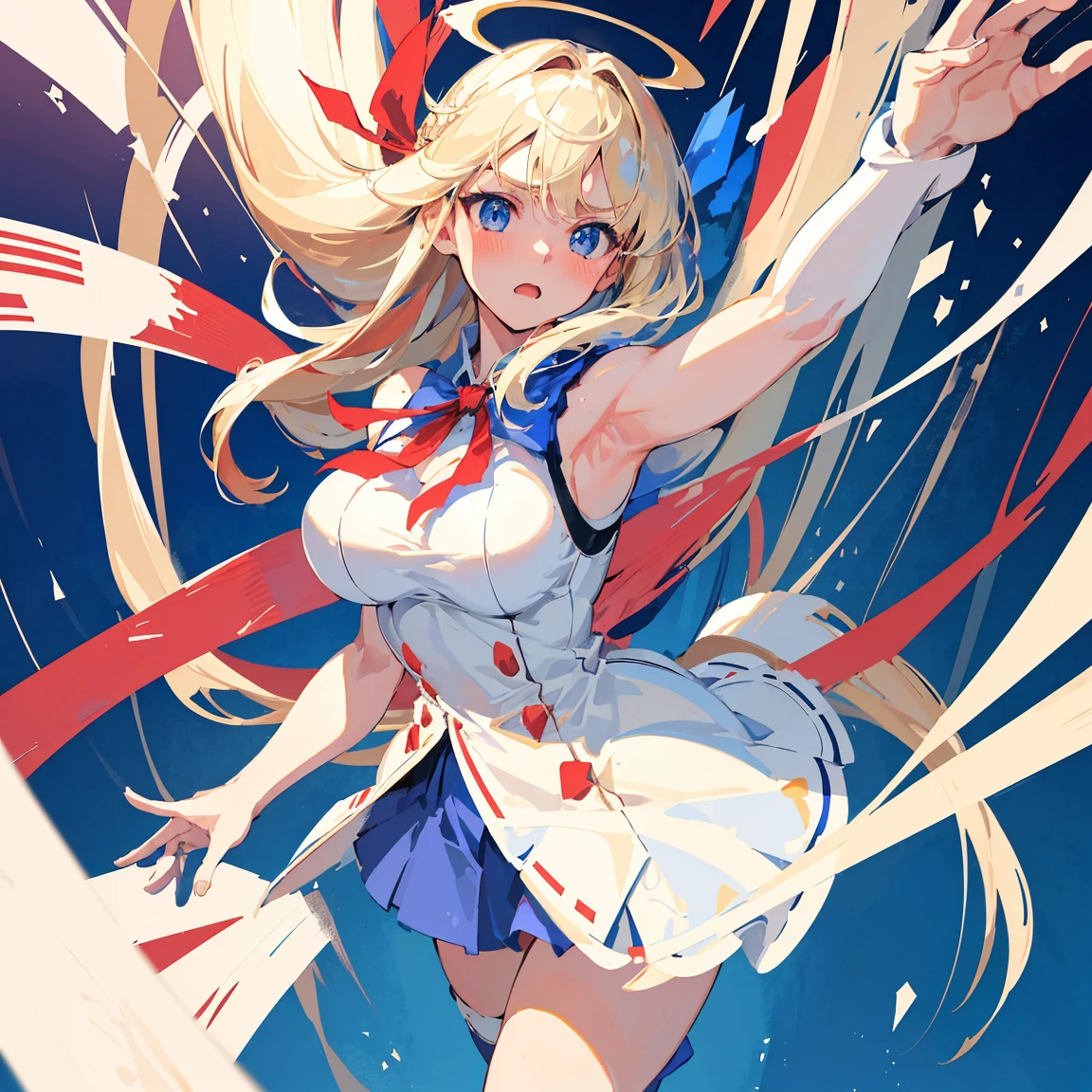 (masterpiece), best quality, expressive eyes, perfect face, background, magical girl, ash blonde hair, blue eyes, sleeveless white armor, short skirt, long hair, big breasts, kneesock, armsock, red ribbon on side hair, blue and red pallete, full body, cleavage, standing, thighs, blushing, adult