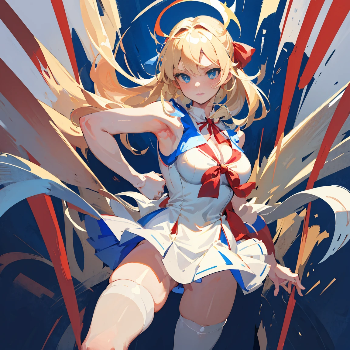 (masterpiece), best quality, expressive eyes, perfect face, background, magical girl, ash blonde hair, blue eyes, sleeveless white armor, short skirt, long hair, big breasts, kneesock, armsock, red ribbon on side hair, blue and red pallete, full body, cleavage, standing, thighs, blushing, adult