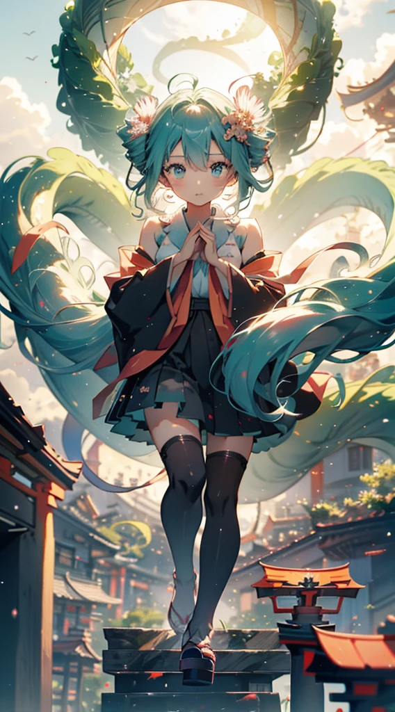 high-level image quality，Shenron in the sky、miku hatsune，komono，Kimono，The background is a shrine，torii gate，
