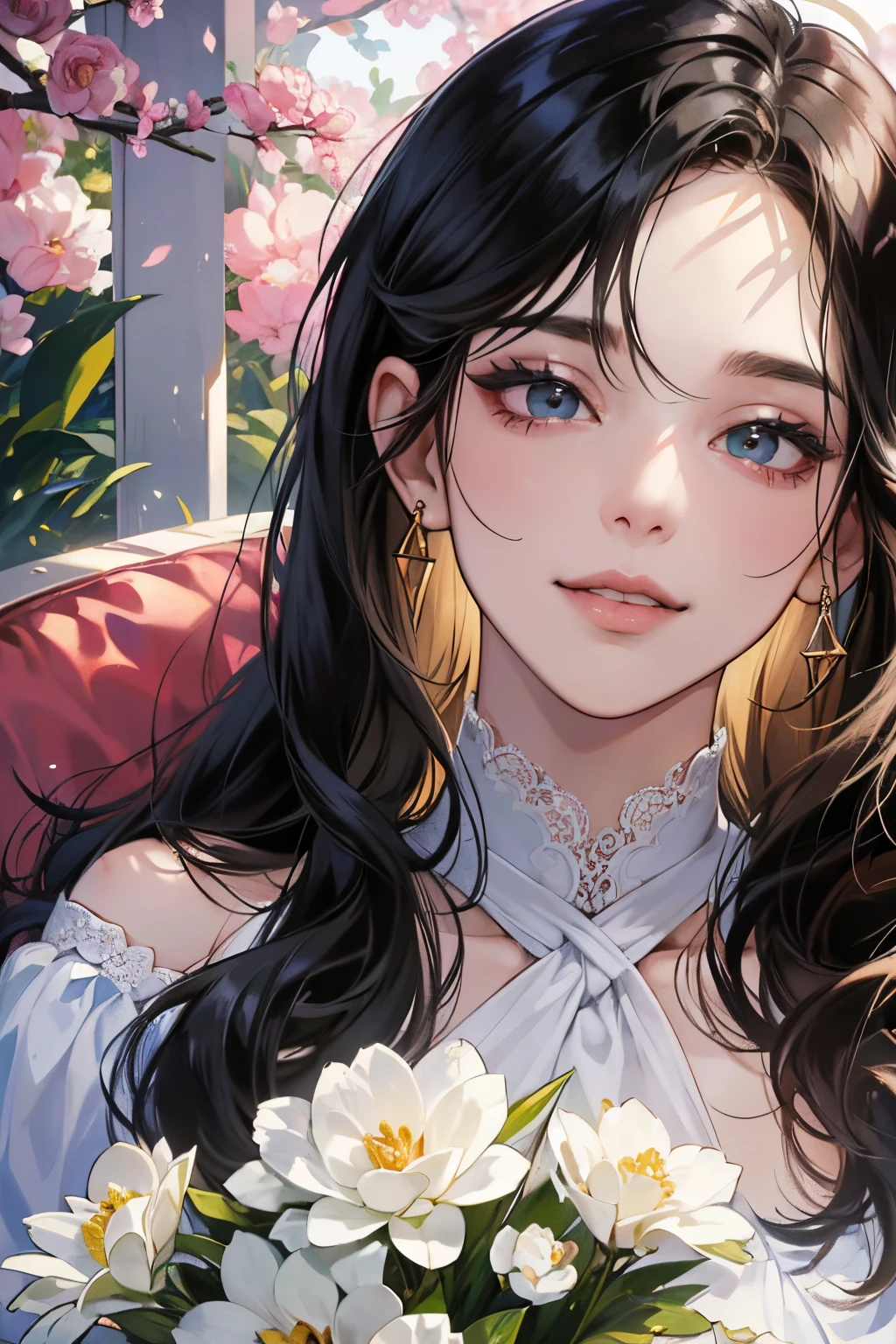 (masutepiece, Digital Art, Digital Illustration, 4K, 8K, Ultra-detailed, beautiful image, Sharp Image, Photorealistic, Raw photo, Perfect face, Perfect lines, Perfect eyes, Soft lighting) ,1 woman, (Long Black Hair,straight haired,Bullish gaze,Beautie,ellegance,Solid makeup,23 y-o woman,small tits:1.3),Two handsome men in suits, (ember,well-muscled,Firm shoulder width, Man's,Boyish hairstyle,English gentlemanly style,Man in his 30s with a cool expression,28-year-old man with bright smile:1.2),Show white teeth and smile(embarrassed from,Shy smile:1.1),A garden full of light、The fountain、Resort Sofa、colorful flower、innocent smiles,Laugh、couple kissing、kiss、the kiss、Romance、Mermaid line wedding dress rose bouquet、