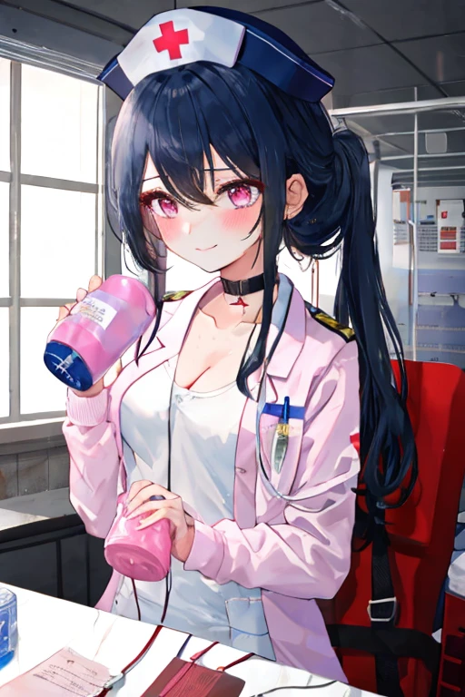 1girl in, Bangs, Holding, hold dina starvation, Nurse, Nurse Cap, blush, breasts, Choker, cleavage, Closed mouth, 鎖骨, frilld, hair between eye, Holding, Small udder, Long hair, Looking at Viewer, Smile, Sweat, Upper body, 
Hospital bed, (Hospital) 
masutepiece, Best Quality,