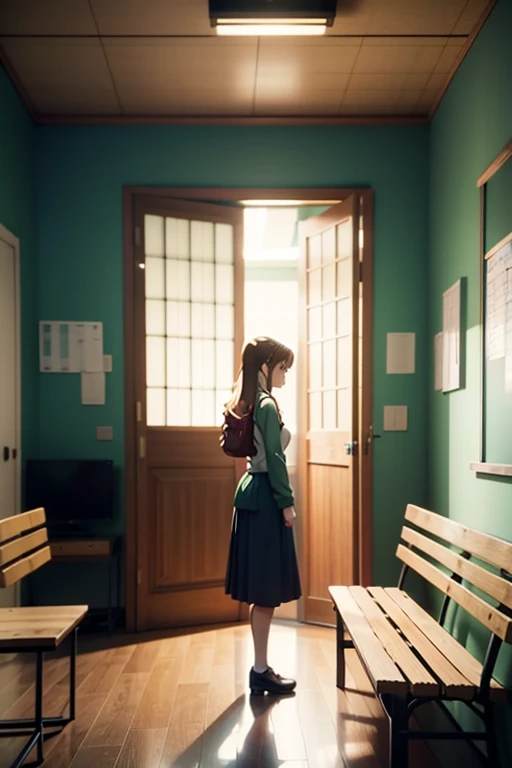 A woman stands in a room with a table and a bench, typical anime classroom, anime scene, screenshot from the anime film, Madhouse Studio anime style, stans;doors, TV animation stills, stans ; doors, Greengar, Destiny's Gate, in the anime film, Screenshot of the 2012 animation, kyoto animation still