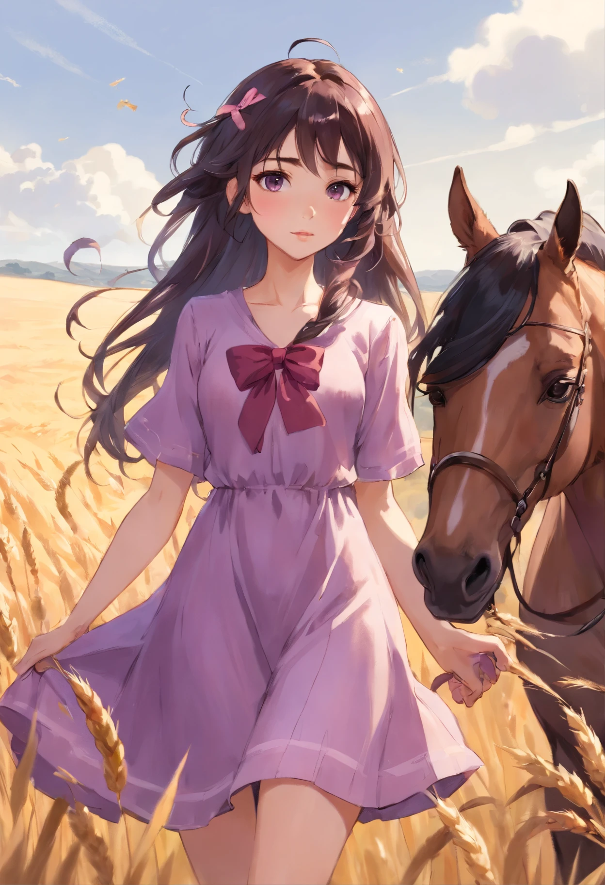 真实感, dark fantasy style, John Tolkien style, Small painting by Jean-Baptiste Monge, Soft facial features,Rocker girl hugging a horse'neck, Human Hand, Very clear, Without flaws, five fingers, with bright makeup, Modern style, a little full, fat, slight excess weight, Average height, dark pink lips, lip shape"bow" ,"Cool eyebrows in the shape of Angryburts, light gray eyes, large almond-shaped eyes, looking at away, black long wavy hair, hair blowing in wind ,In an airy lilac dress, The dress flutters in the wind, In sandals..., Standing next to a horse, early morning, Wheat field, Jean-Baptiste Monge, anthropomorphic --ar 2:3 --testp -optimistic;