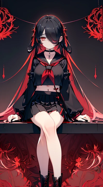 1girl,bare_shoulders,barefoot,black_shirt,chain,clothes_writing,collar,earth_(ornament),earth_(planet),floating,gold_chain,long_hair,moon_(ornament),multicolored_clothes,multicolored_skirt,off-shoulder_shirt,off_shoulder,plaid,plaid_skirt,planet,polos_crown,red_eyes,red_hair,shirt,skirt,smile,solo,style_parody,t-shirt,transparent_background,hecatia_lapislazuli
