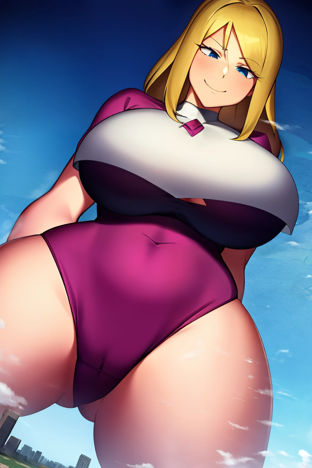 Giantess, curvy, busty, smirk, evil, thick thighs, posing