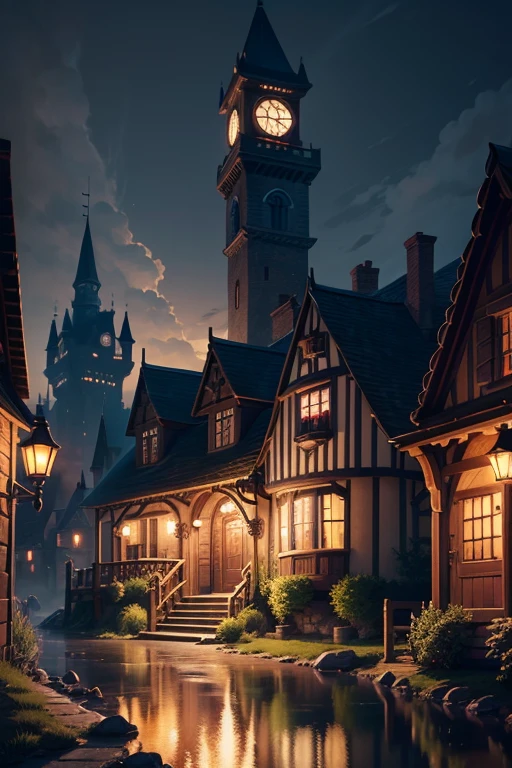 (besr quality,4k,8k,highres,masterpiece:1.2),ultra-detailed,realistic,photorealistic:1.37,nighttime view of a house with a clocktower and pathway,moving castle in the night,background of a tavern,Madhouse Studio anime style,fantastical tavern background,cozy little tavern,anime background art,background art,dark castle background,Little Witch Academy,town background,nighttime village scene,alchemist's library background,kingdom of light background