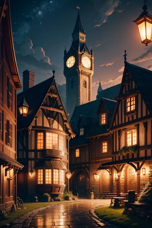(besr quality,4k,8k,highres,masterpiece:1.2),ultra-detailed,realistic,photorealistic:1.37,nighttime view of a house with a clocktower and pathway,moving castle in the night,background of a tavern,Madhouse Studio anime style,fantastical tavern background,cozy little tavern,anime background art,background art,dark castle background,Little Witch Academy,town background,nighttime village scene,alchemist's library background,kingdom of light background