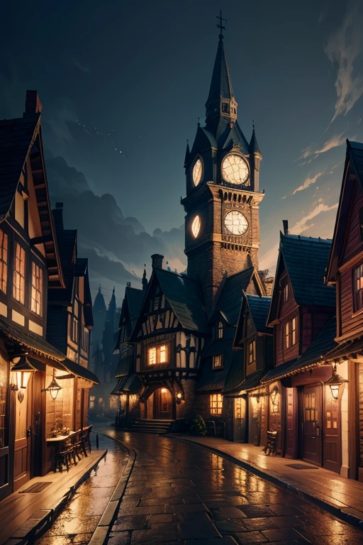 (besr quality,4k,8k,highres,masterpiece:1.2),ultra-detailed,realistic,photorealistic:1.37,nighttime view of a house with a clocktower and pathway,moving castle in the night,background of a tavern,Madhouse Studio anime style,fantastical tavern background,cozy little tavern,anime background art,background art,dark castle background,Little Witch Academy,town background,nighttime village scene,alchemist's library background,kingdom of light background