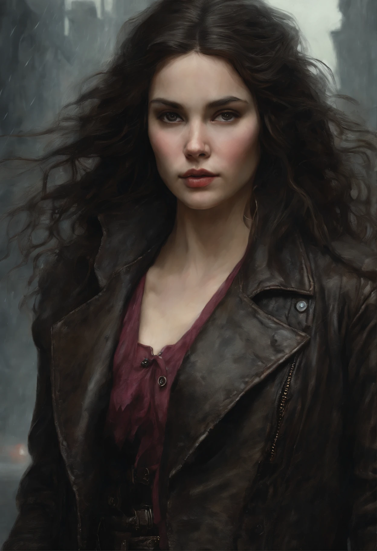 真实感, dark fantasy style, John Tolkien style, Small painting by Jean-Baptiste Monge, Soft facial features, Rocker Girl, Average height, plump dark pink lips, Engriberts eyebrows, brown eye, looking at away,  straight dark hair to shoulder blades,  hair blowing in wind, In a short dark leather fitted dress with a cutout., predatory nature, Standing next to a motorcycle, rain is dripping, The city, megalopolis, city trail, big house, glass skyscraper Jean-Baptiste Monge, anthropomorphic --ar 2:3 --testp -optimistic;