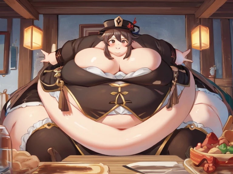 extremely detailed CG, high resolution, best quality, masterpiece, (bishoujo:1.3), (game cg), immobile hutaodef, smile, chinese medieval city, big obese belly, obese thick thighs, big obese arms, big chunky cheeks, obese large neck, small chests