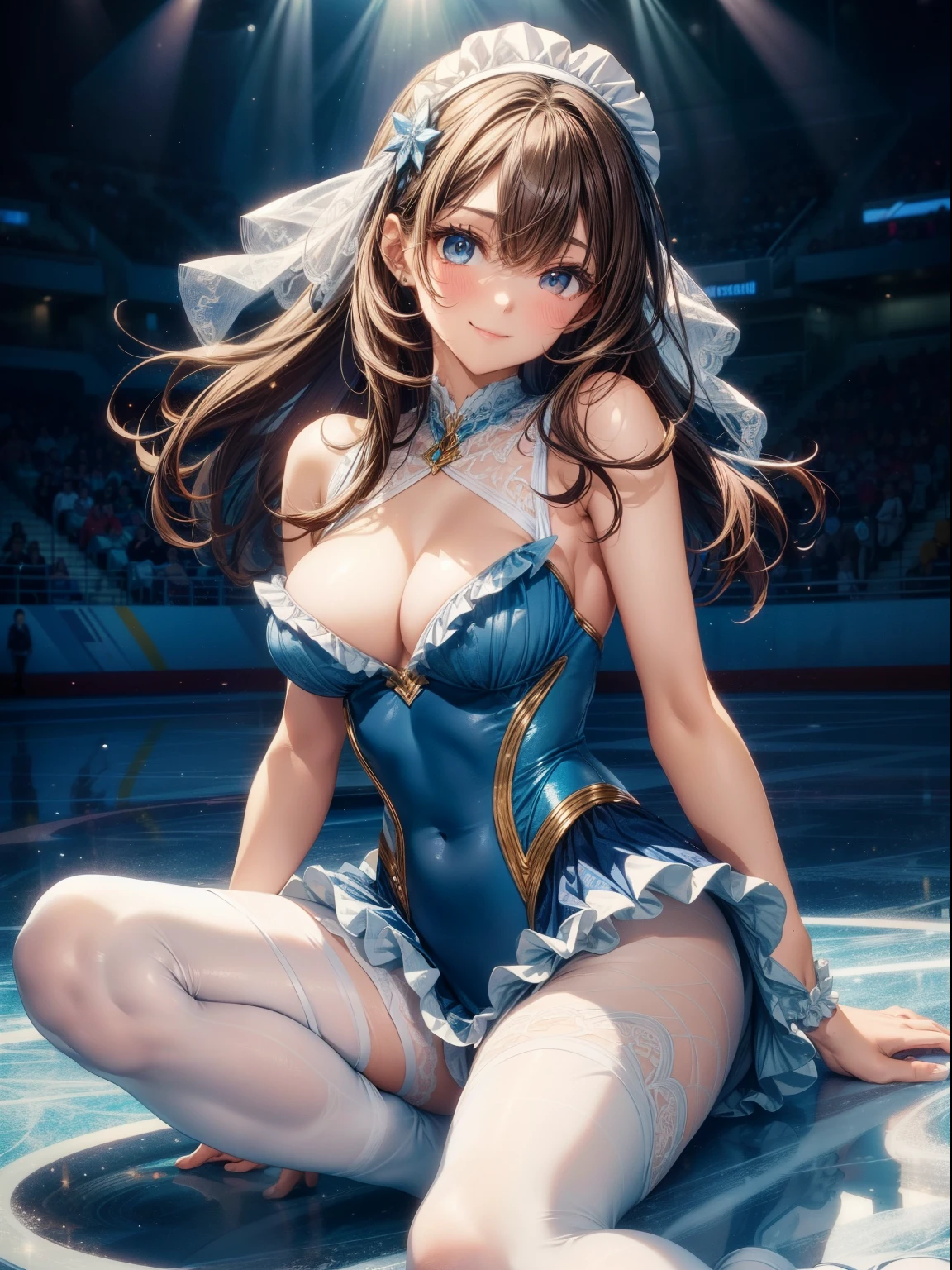 top-quality、Full limbs、complete fingers、one beautiful women、Beautiful busty woman、Women with straight hair、Brown-haired woman、Figure skater、Figure skating leotard with light blue ruffled skirt、cool patterned leotard、(White pantyhose)、skating rink、Sitting with crotch open、A big smile