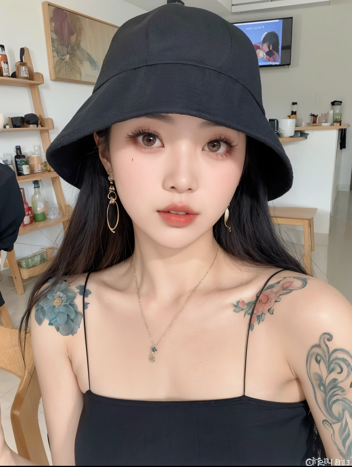Mujer arafed con sombrero negro y vestido negro., Hermosa mujer surcoreana, ulzzang, Hermosa joven coreana, Chica coreana, Hermosa joven coreana, de chica taiwanesa con tatuajes, con una gargantilla y un lindo sombrero, ella llevaba una camiseta sin mangas negra, maquillaje popular de Corea del Sur, cruel korean goth girl, beautiful asian girl, con sombrero