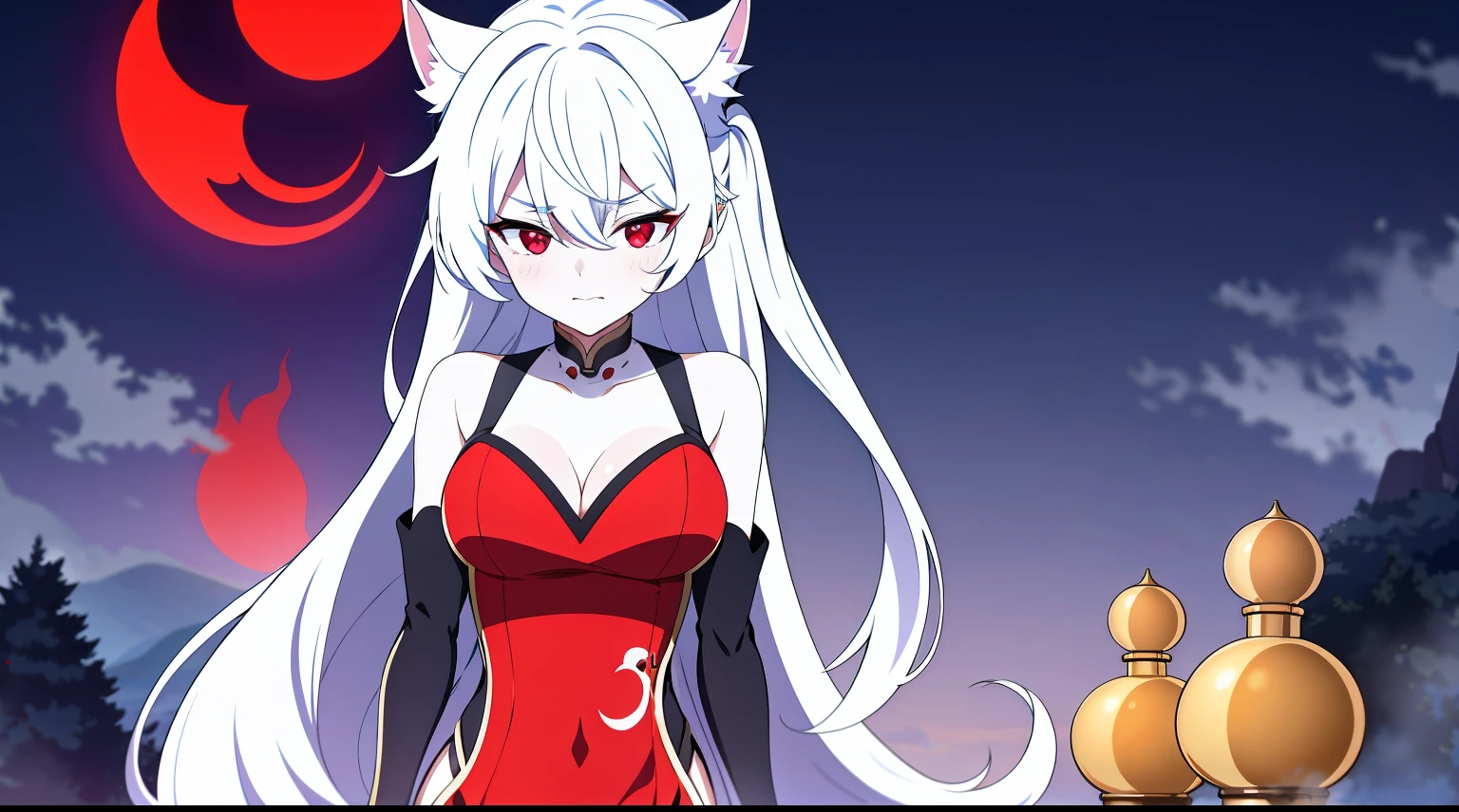 ((tmasterpiece:1.4, Best quality))+, (hyper-detailing)+, (exquisite red eye:1.5)+, (Detailed ears:1.5), (cute girls), (garments:1.5), Tight black silk, Very long hair, (Taijitu:1.2), pale-skinned, (white cloth:1.5), (cloth shoes:1.4), Taoist temple, High hills, stone statue, censer, dense fog, delicate legs, (Taoist:1.1), (dawn light:1.2), ), (closeup cleavage:1.1), the only person, Hairbell, White hair, hair covering one eye, V-shaped eyebrows, Gloom (expressed), from below, Best quality, A high resolution, high detal, high high quality, 16k