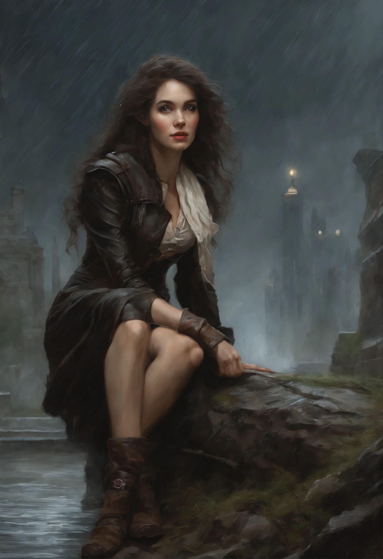 真实感, dark fantasy style, John Tolkien style, Small painting by Jean-Baptiste Monge, Soft facial features, Rocker Girl, Average height, plump dark pink lips, Engriberts eyebrows, brown eye, looking at away,  straight dark hair to shoulder blades,  hair blowing in wind, In a short dark leather fitted dress with a cutout., predatory nature, Standing next to a motorcycle, rain is dripping, The city, megalopolis, city trail, big house, glass skyscraper Jean-Baptiste Monge, anthropomorphic --ar 2:3 --testp -optimistic;