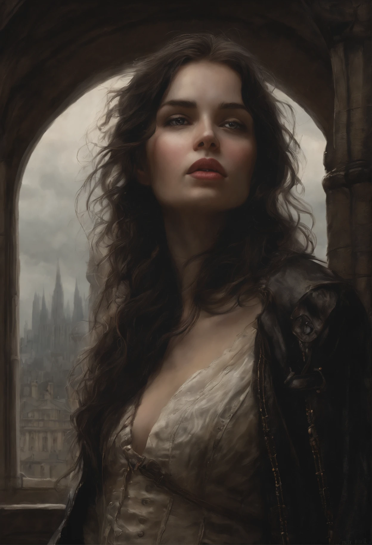 真实感, dark fantasy style, John Tolkien style, Small painting by Jean-Baptiste Monge, Soft facial features, Rocker Girl, Average height, plump dark pink lips, Engriberts eyebrows, brown eye, looking at away, straight dark hair to shoulder blades, hair blowing in wind, In a short dark leather fitted dress with a cutout., predatory nature, Standing next to a motorcycle, rain is dripping, The city, megalopolis, city trail, big house, glass skyscraper Jean-Baptiste Monge, anthropomorphic --ar 2:3 --testp -optimistic;