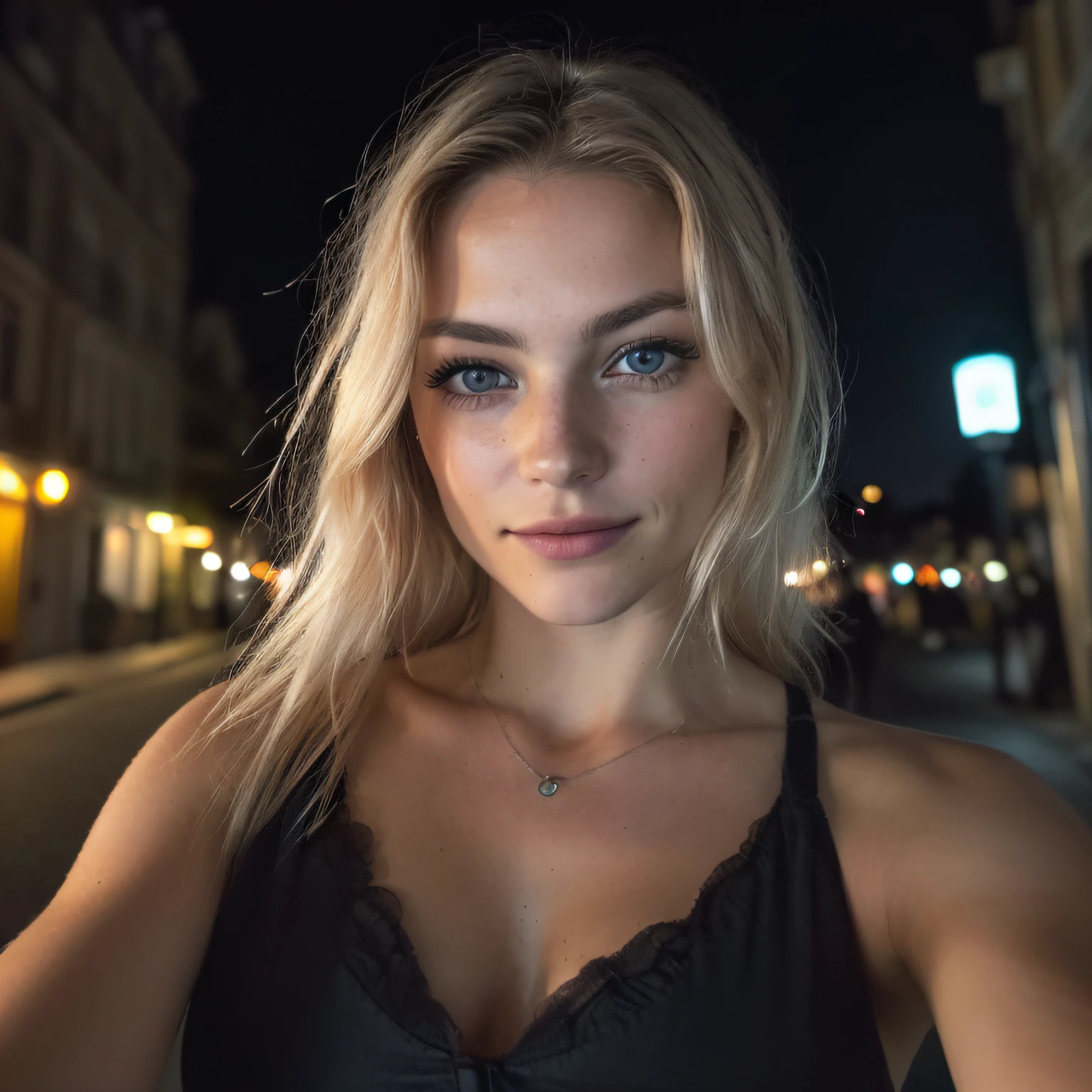 (Selfie, Plan: 1.4), (Right half of the body: 1.4), RAW UHD portrait photo of a 24-year-old blonde (Femme aux yeux bleuarcher dans une ruelle sombre, gros seins,, Ville la nuit, (rocher), (Encolure), specifics (Tissu! , Cheveux! , Briller, Couleur!! , disadvantages: 1.1), Bright eyes with a high level of detail (staring into the camera), SLR lighting, Appareil photo reflex mono-objectif, ultra quality, re sharpness, profondeur de champ, Filmkorn (Milieu), Fujifilm XT3, Limpide, Rahmenmitte, beau visage, mise au point nette, street lamp, Neonbeleuchtung, Bokeh (dimly lit), Nuit, (Ciel nocturne), Detailed skin pores, peau grasse, Coup de soleil, Complex eyesDetails, corps entier entier, gros seins