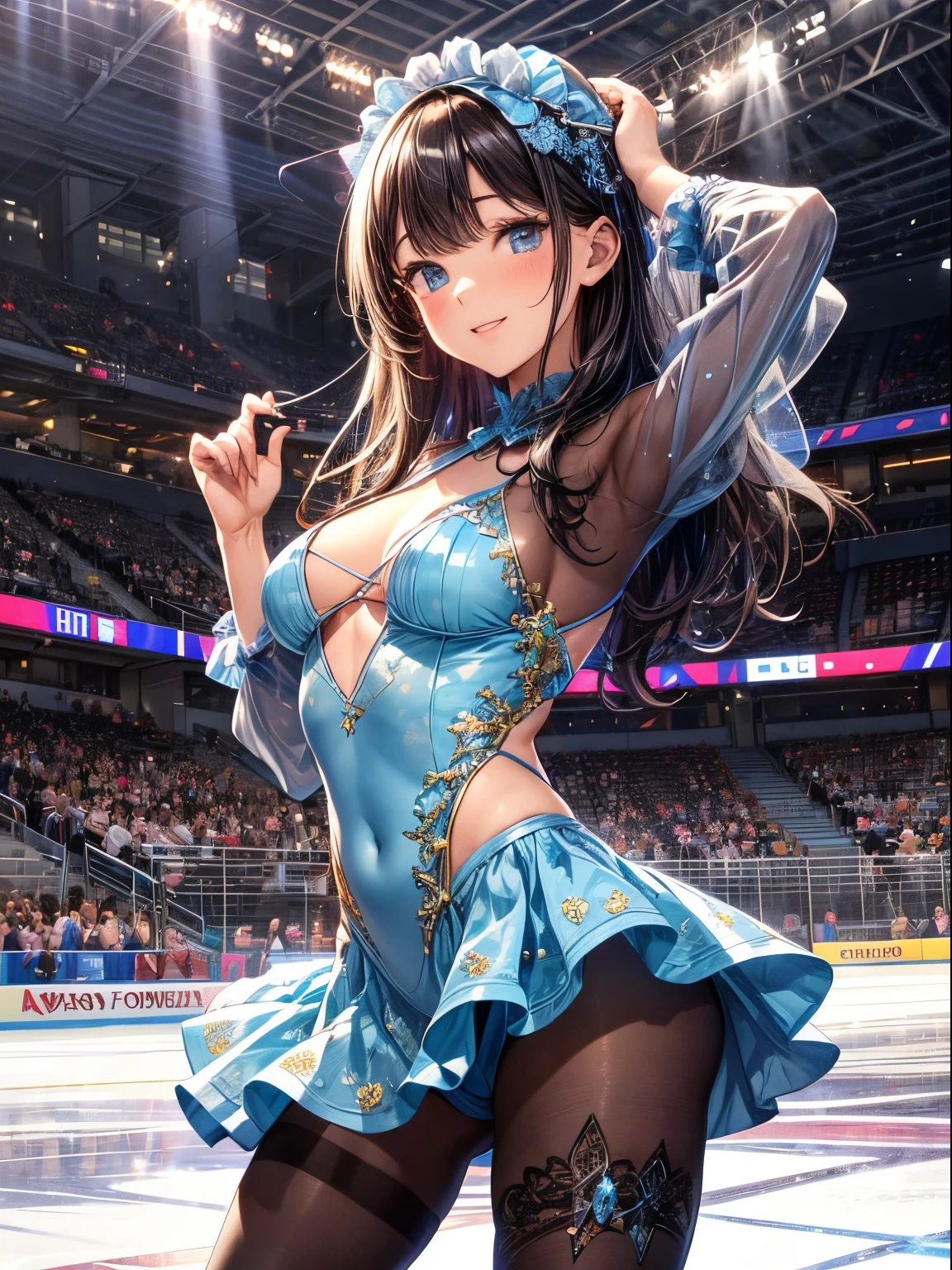 top-quality、Full limbs、complete fingers、one beautiful women、Beautiful busty woman、Women with straight hair、Brown-haired woman、Figure skater、Figure skating leotard with light blue ruffled skirt、cool patterned leotard、(White pantyhose)、skating rink、skating arena、In the competition、A big smile