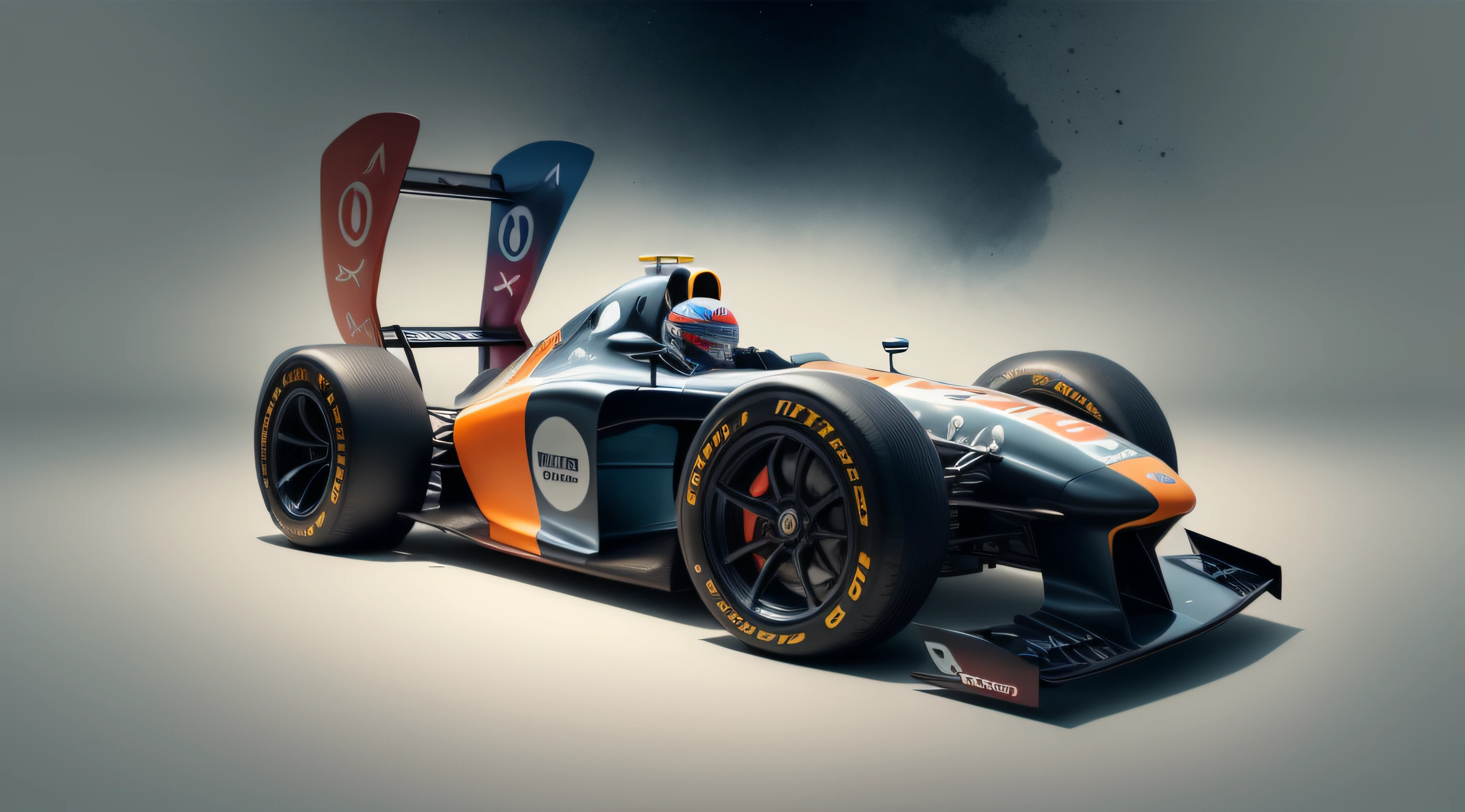 coche f1, EStilo futurista, luces de neon, Un primer plano de un coche, fondo futuristico de noche, luces de neon, cuerpo ancho, Surrealist illustration, Arte oscuro surrealista, obra maestra, hiperrealista, lluvia, alta definicion